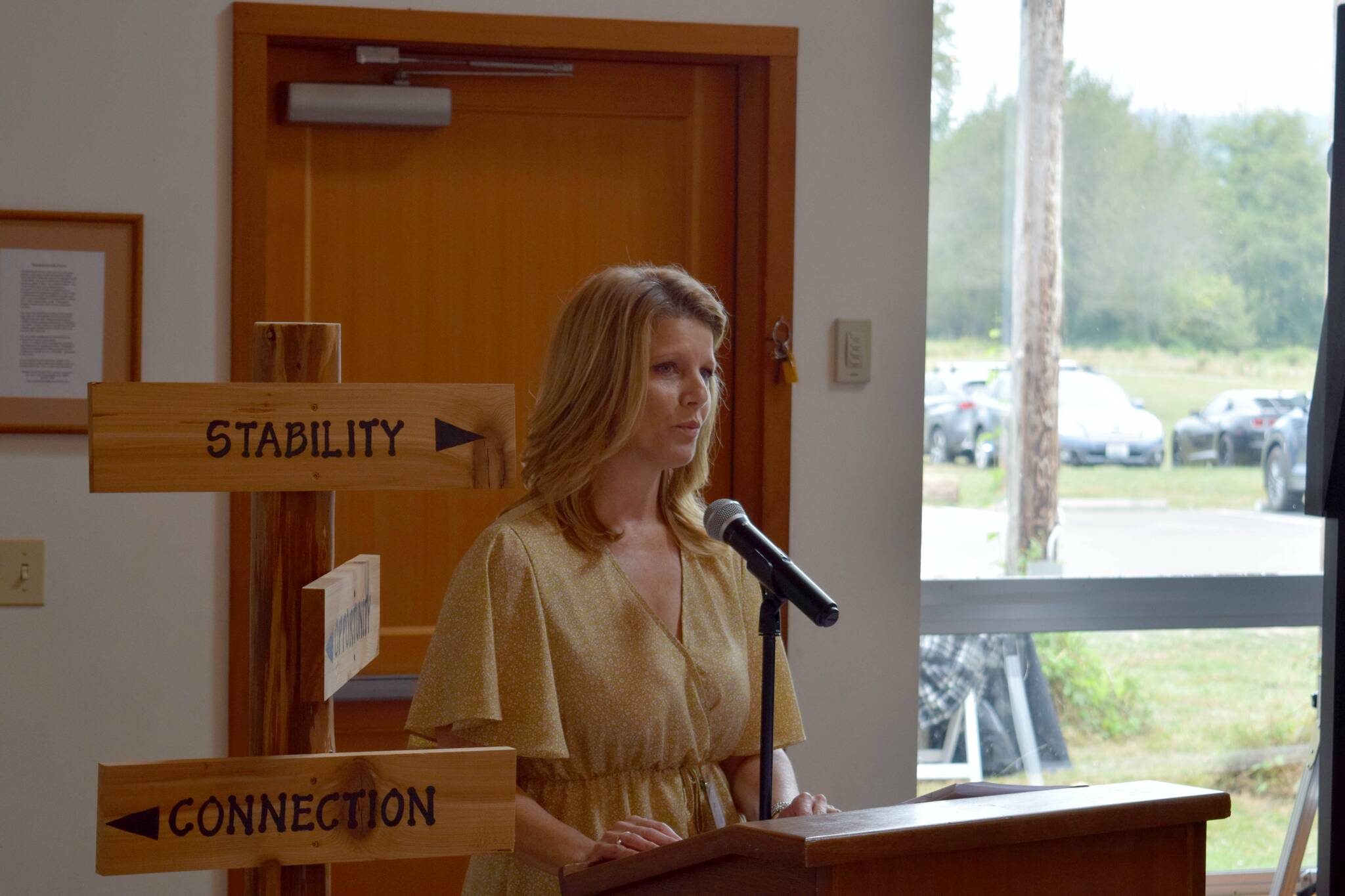 Snoqualmie Valley Shelter Services Executive Director Jennifer Kirk gives a speech at the Reclaiming Stability Benefit Luncheon on Sept. 15. Photo Conor Wilson/Valley Record.