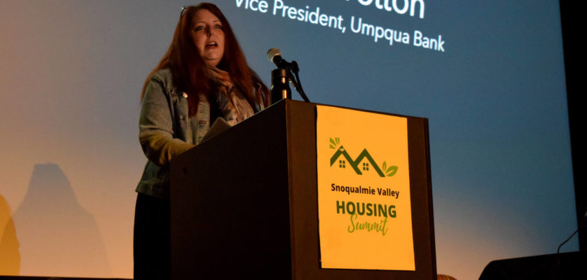 Kelly Coughlin, SnoValley Chamber of Commerce CEO, speaks at the Snoqualmie Valley Affordable Housing Summit on Sept. 22. Photo by Conor Wilson/Valley Record