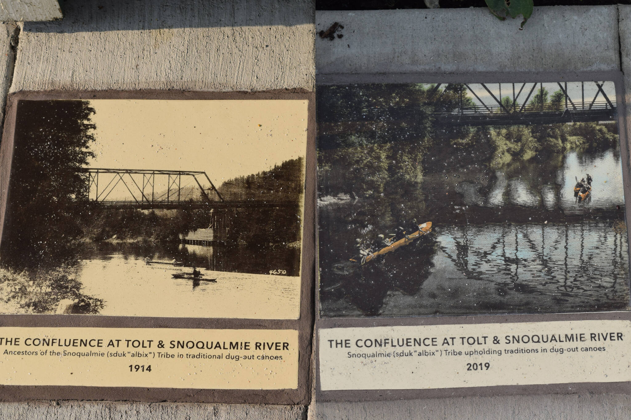 Photos of Snoqualmie Tribal members at the confluence of the Tolt and Snoqualmie Rivers more than a century apart. Photo by Conor Wilson/Valley Record