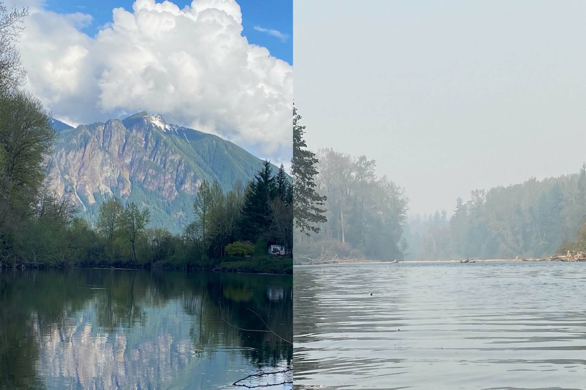 A view of Mount Si from Downtown Snoqualmie in April compared to the same view Tuesday, Oct. 18. Photos by William Shaw/Valley Record.
