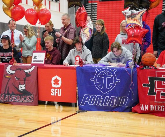 <p>Photo Courtesy of the Snoqualmie Valley School District</p>
                                <p>Twelve Mount Si High School student-athletes sign National Letters of Intent or signing forms to play collegiate sports at ceremony on Nov. 17.</p>