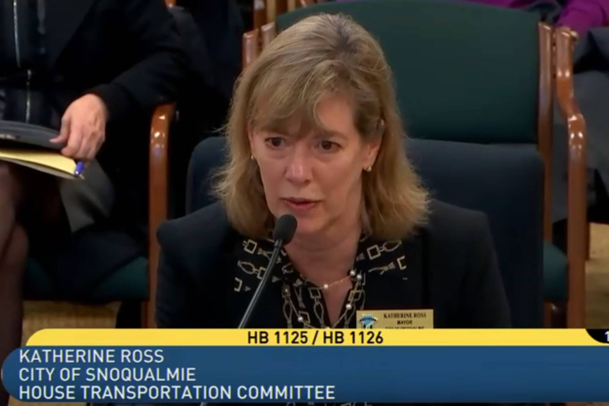A screenshot of Snoqualmie Mayor Katherine Ross testifying on funding for State Route 18 construction in front of the Washington House Transportation Committee in Olympia on Jan. 12. Courtesy photo.