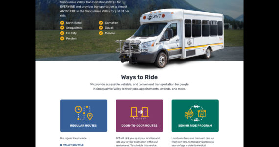 The homepage of Snoqualmie Valley Transportation’s new website at svtbus.org. Courtesy image.