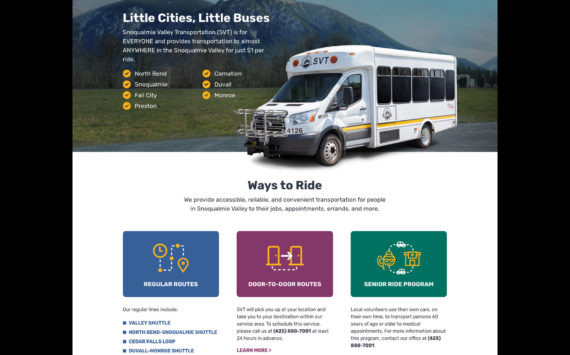 The homepage of Snoqualmie Valley Transportation’s new website at svtbus.org. Courtesy image.