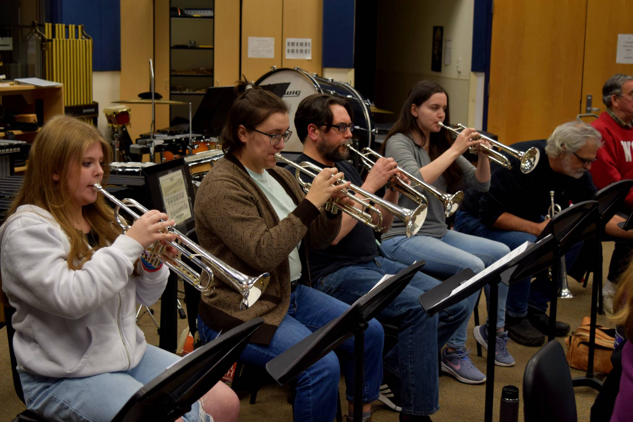 Photo by Conor Wilson/Valley Record.
Trumpet players at the SnoValley Winds rehearsal.