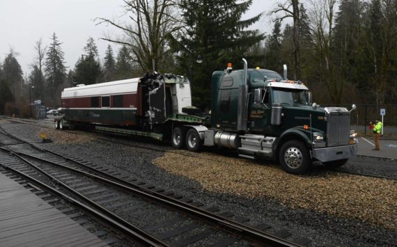 The only surviving Amtrak Cascades Talgo Series VI car, Bistro Car #7304, arrives in Snoqualmie. Photo Courtesy of the Northwest Railway Museum.