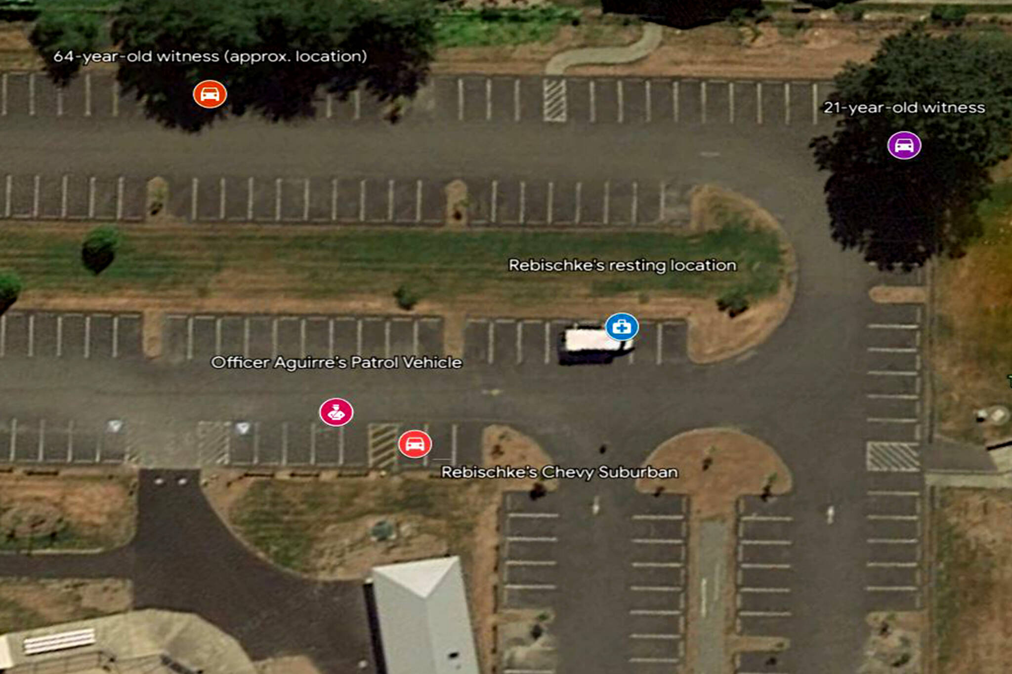 An aerial view of the Torguson Park parking lot showing where witnesses were located during the shooting.