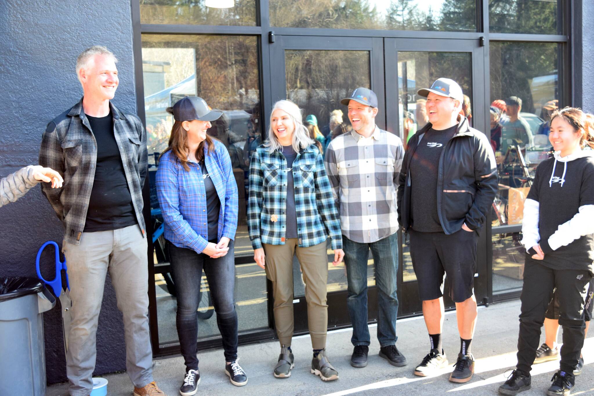 Owners of The Line Bike Experience at their grand opening on March 18. From left: Michael Kunz, Alex Kunz, Sheryl Tullis, James Skinner and Steve Murakami. Photo Conor Wilson/Valley Record.