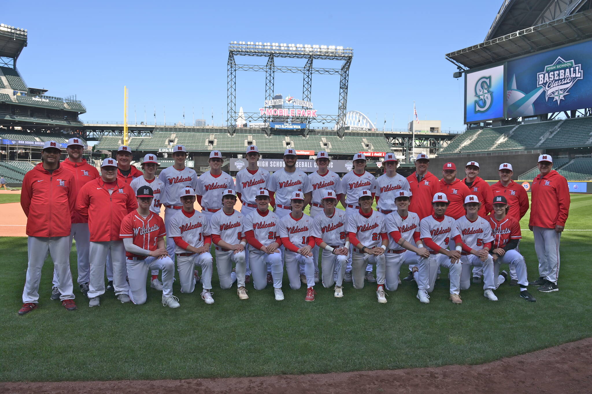 The Mount Si High School Baseball Team poses for a photo at T-Mobile Park before a 13-4 win over Eastside Catholic on March 18. Photo courtesy of Calder Productions.