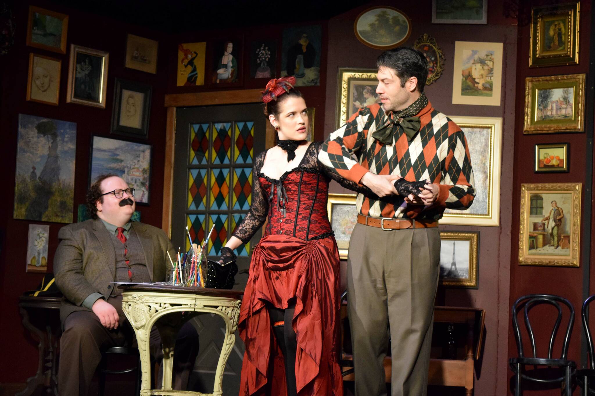 Photos Conor Wilson/Valley Record.
Valley Center Stage actors rehearse “Picasso at the Lapin Agile.” From left: Alex Demana (as Albert Einstein), Veronica Ydalgo (as Suzanne) and Christopher Clark (as Pablo Picasso).
