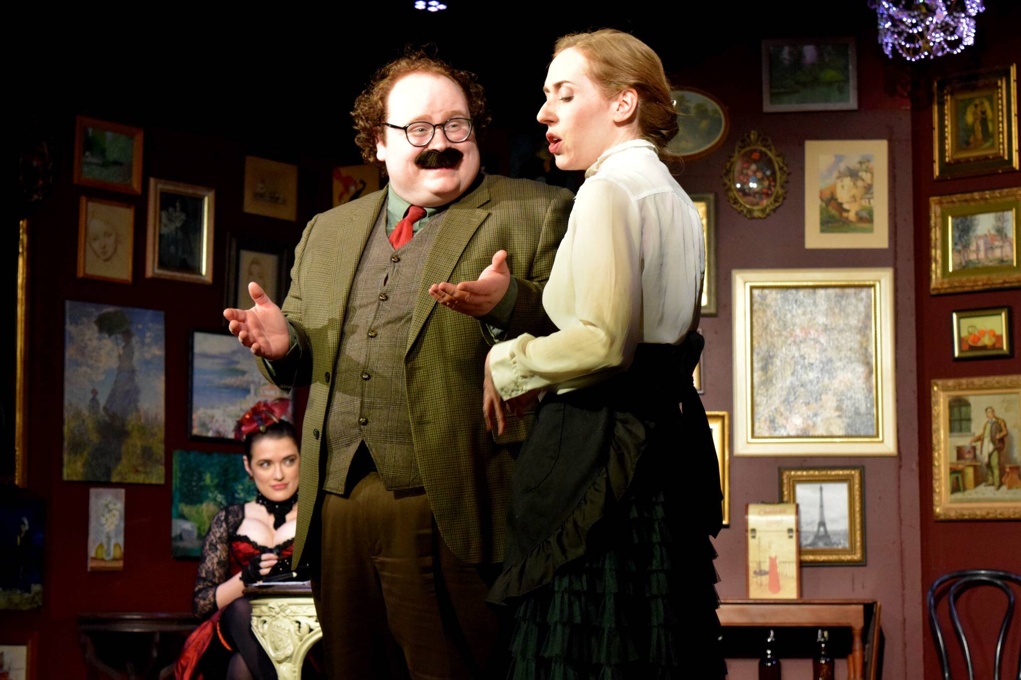 Alex Demana, left, plays Albert Einstein during rehearsal of “Picasso at the Lapin Agile” at Valley Center Stage.
