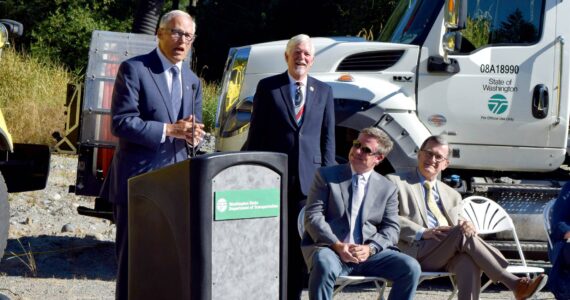 File Photo.
Gov. Jay Inslee speaks at the I-90/State Route 18 interchange ceremony in September 2022.