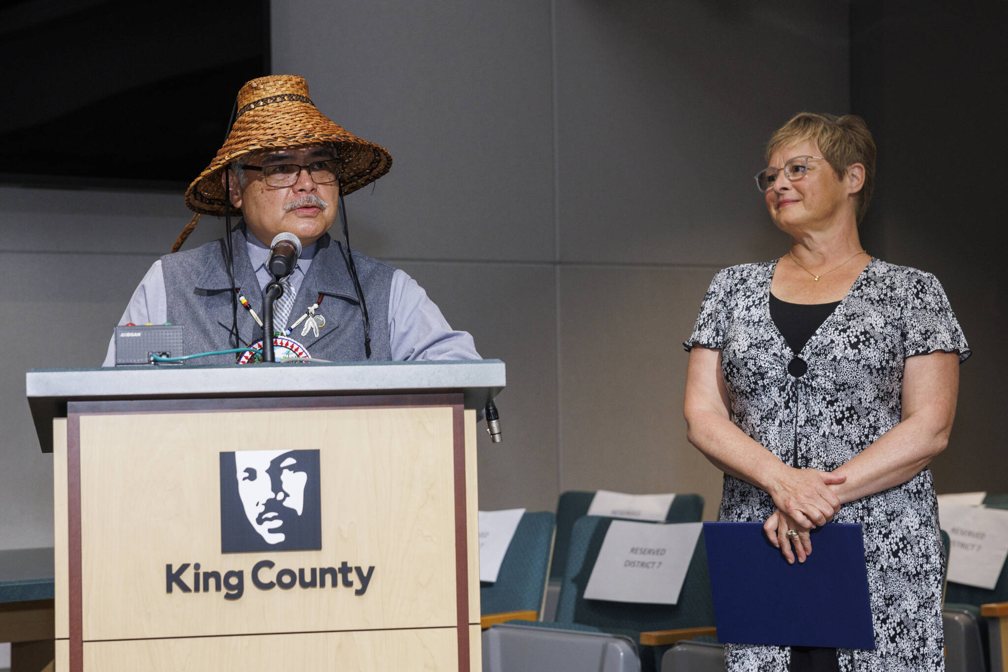 Snoqualmie Tribal Chairman Robert de Los Angeles is awarded a Martin Luther King Medal of Distinguished Service by King County Councilmember Sarah Perry in Seattle on June 6. Courtesy photo.