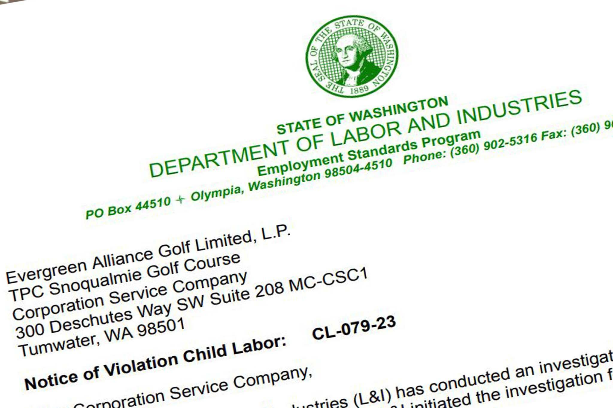 A screenshot of the citation issued by the Department of Labor & Industries.