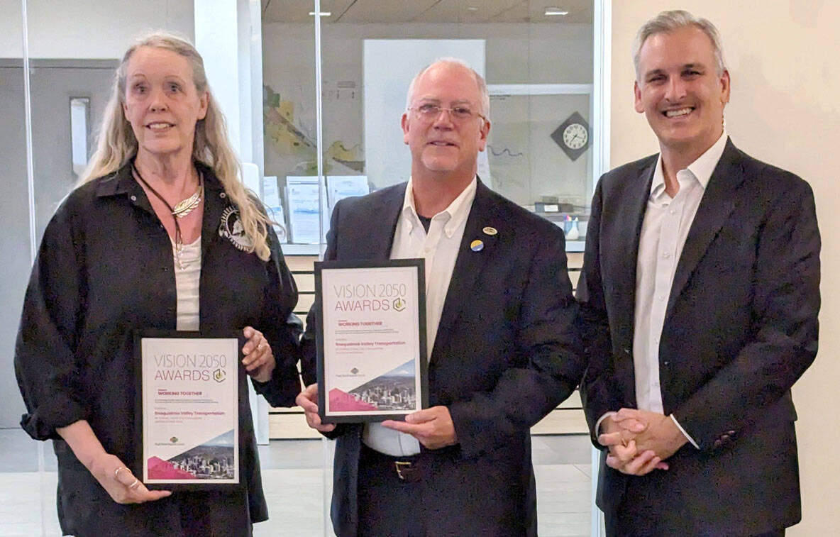 Courtesy photo 
Snoqualmie Valley Transportation is presented with an Vison 2050 award from the Puget Sound Regional Council on July 18. From left, SVT Excutive Director Amy Biggs, North Bend Mayor Rob McFarland and Puget Sound Regional Council Executive Director Josh Brown.
