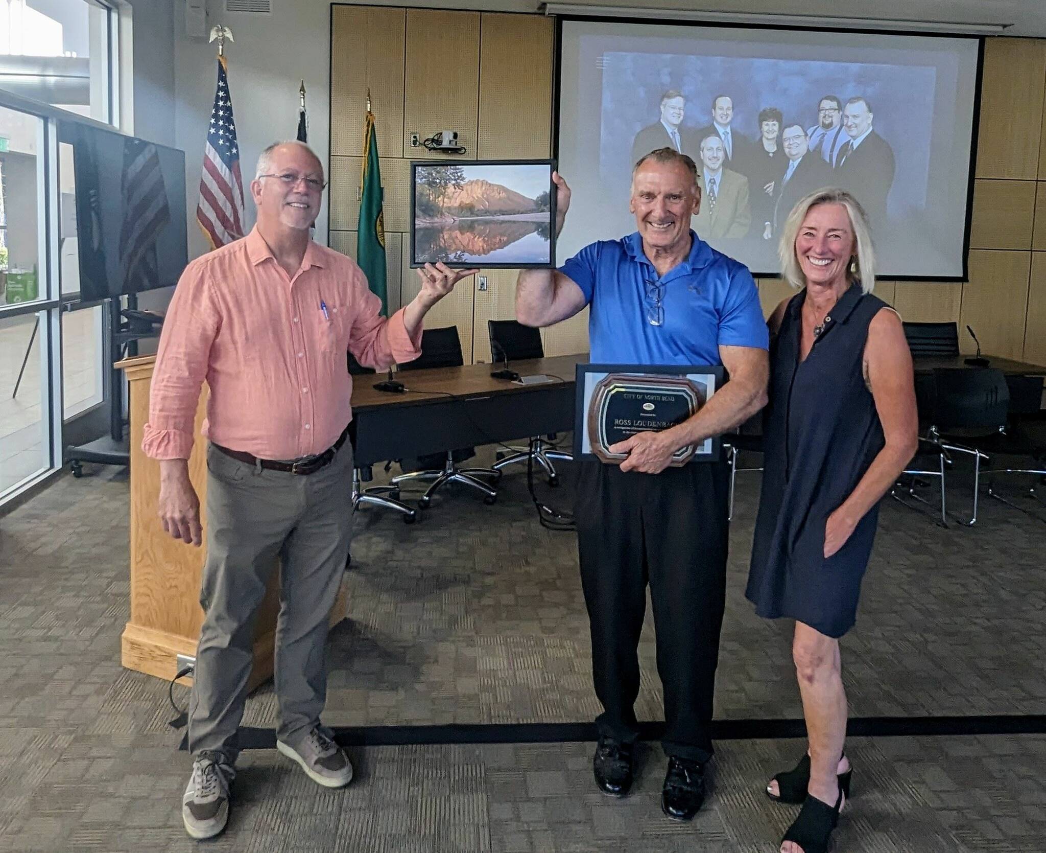 North Bend Mayor Rob McFarland (left) poses with former Councilmember Ross Loudenback and Councilmember Mary Miller. Courtesy photo.
