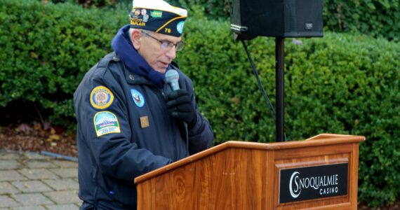 Michael Pollina, a U.S. Navy veteran and commander of the Snoqualmie’s American Legion Post 79, talks about the history of Veterans Day in 2022. File photo Conor Wilson/Valley Record