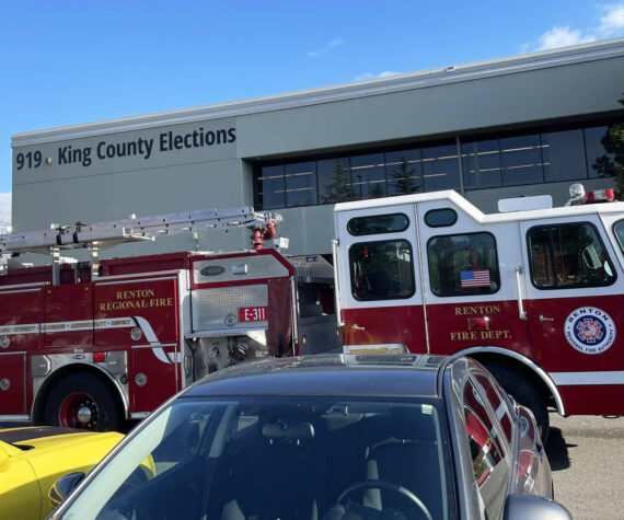 The Renton Regional Fire Authority responds Nov. 8 to King County Elections headquarters in Renton after a white substance was found in an envelope. COURTESY PHOTO, Renton RFA