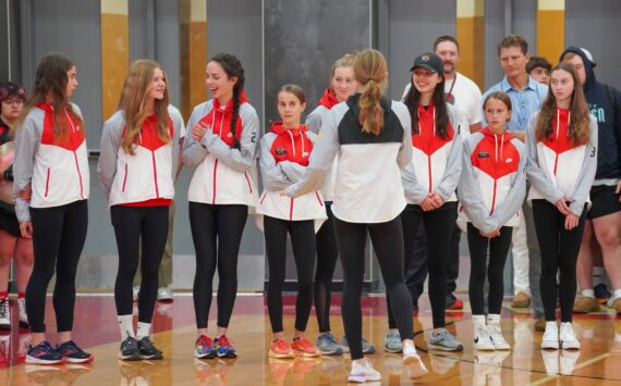 The Mount Si girls cross country team is honored during a school assembly on Nov. 8. Photo courtesy of the Snoqualmie Valley School District.