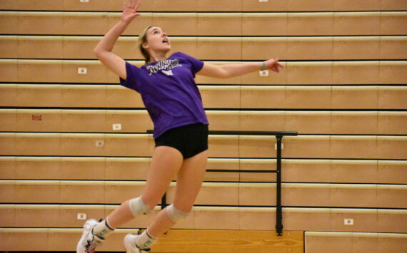 Rylee Booth goes up for a kill in practice before the Spartans matchup with Olympia. (Photos by Ben Ray / Sound Publishing)