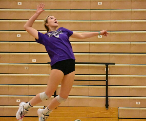 <p>Rylee Booth goes up for a kill in practice before the Spartans matchup with Olympia. (Photos by Ben Ray / Sound Publishing)</p>