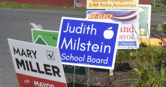 A line of election signs in North Bend. Photo by Conor Wilson/Valley Record
