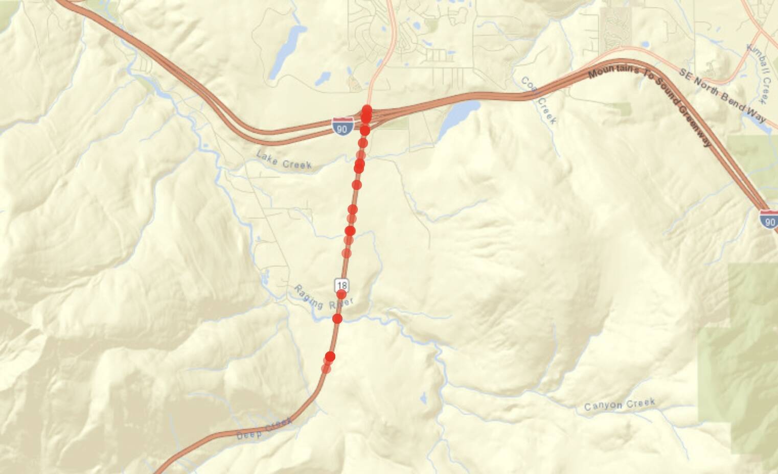 This map depicts the collisions that occurred throughout 2023 along the State Route 18. The darker the dot means there are multiple collisions at that location. (Screenshot from the Washington State Patrol)