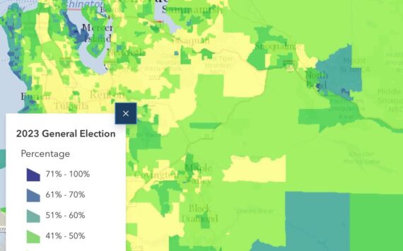 North Bend, in blue, saw a high voter turn out compared to most of King County. (Screenshot from King County Elections map)