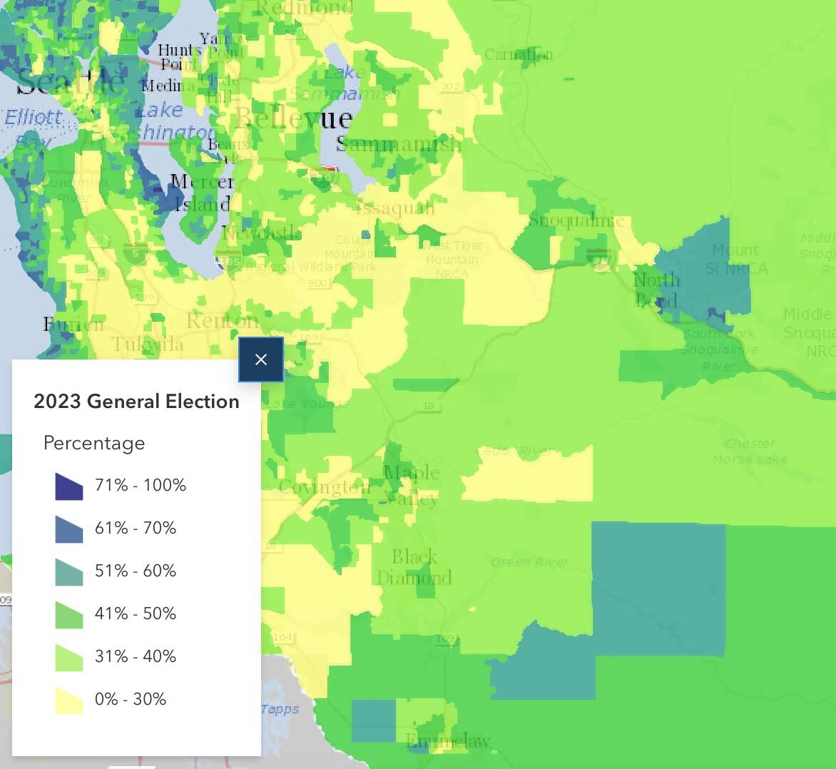 North Bend, in blue, saw a high voter turn out compared to most of King County. (Screenshot from King County Elections map)