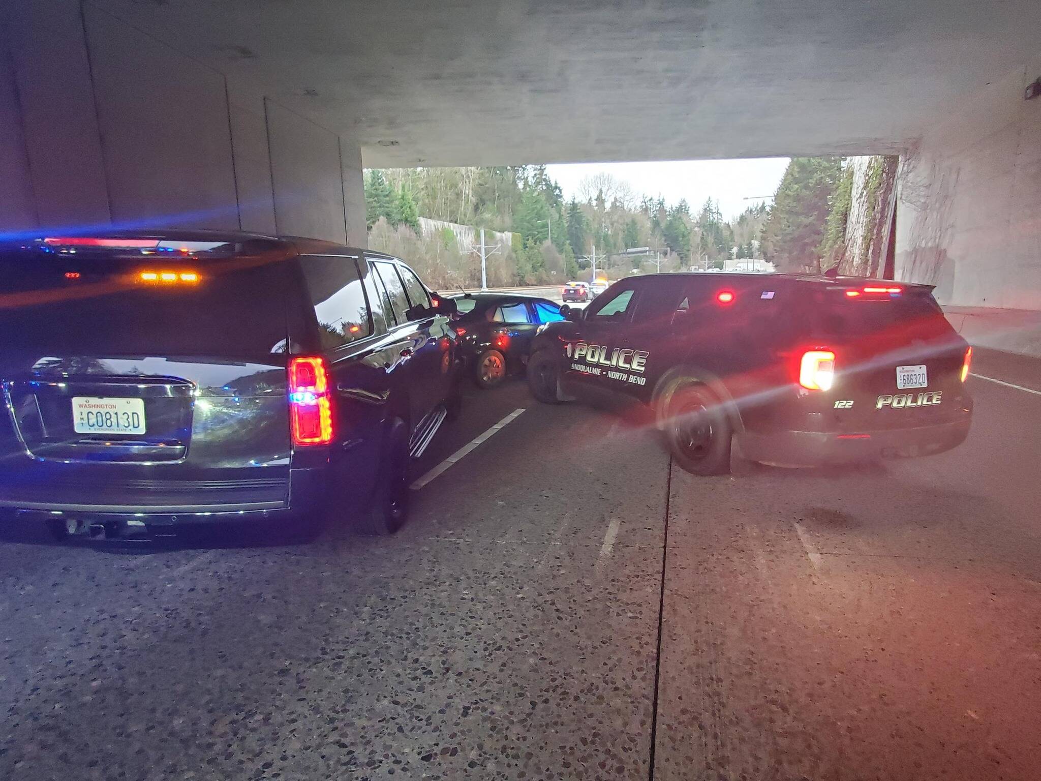 The police pursuit ended near exit 11 on Mercer Island. (Courtesy of Snoqualmie Police Department)