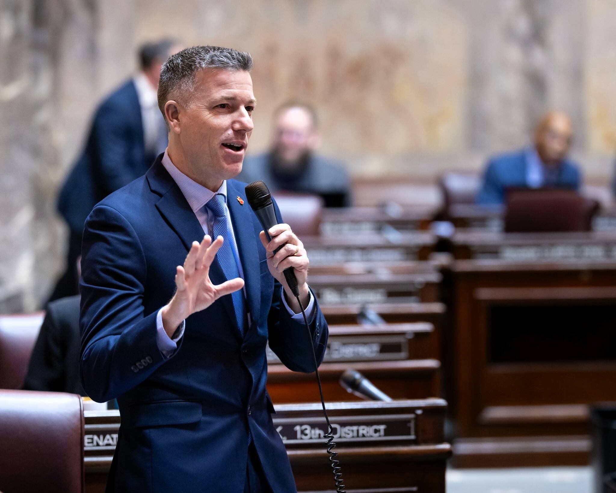 Sen. Brad Hawkins during his floor speach on his bill to increase access to Running Start. (Photo courtesy of Eric LaFontaine)