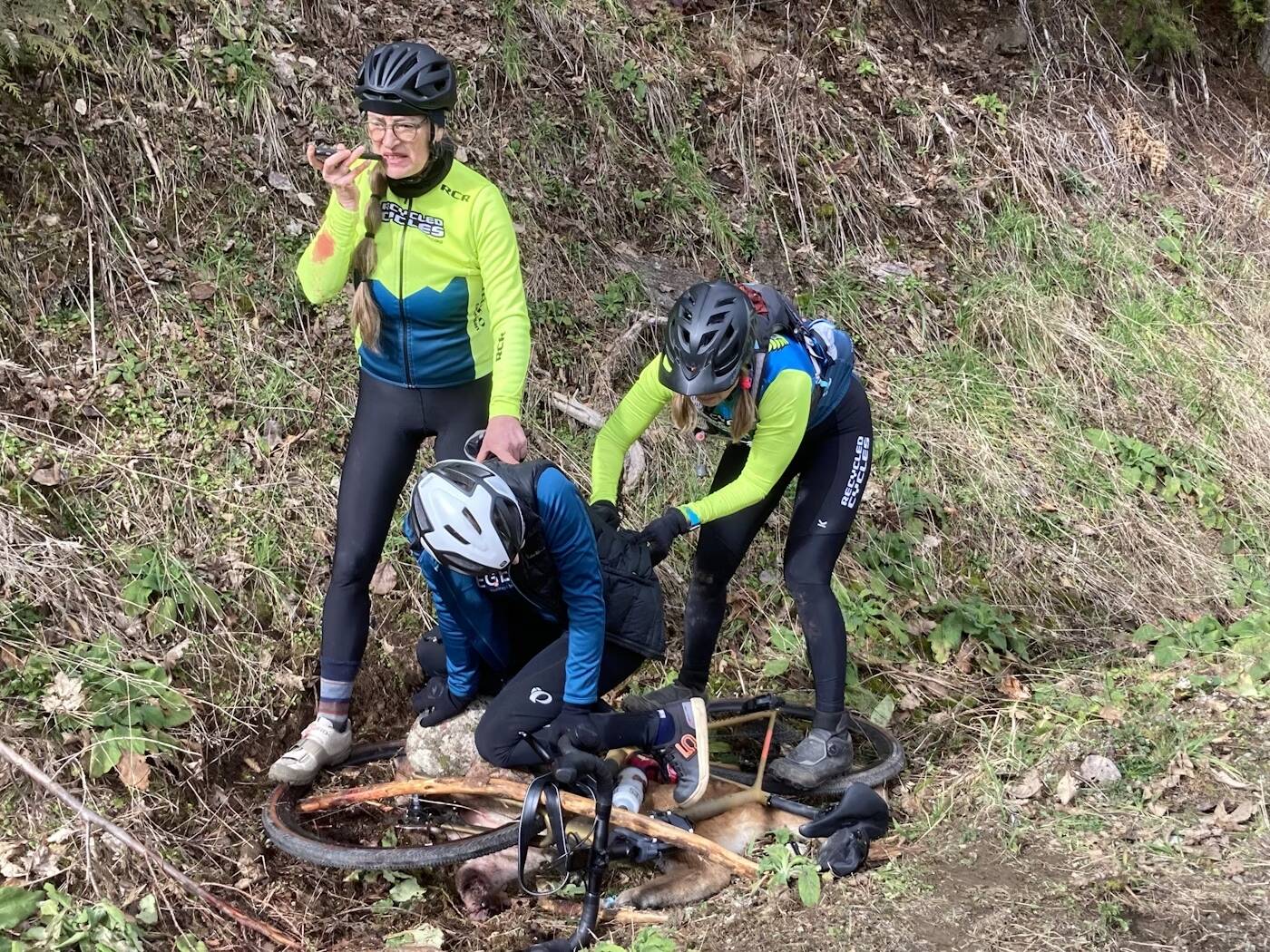Keri Bergere’s cycling team was able to pin the 75-pound cougar under one of their bikes as they called 911 and waited for Fish and Wildlife to arrive. (Photo courtesy of Keri Bergere)