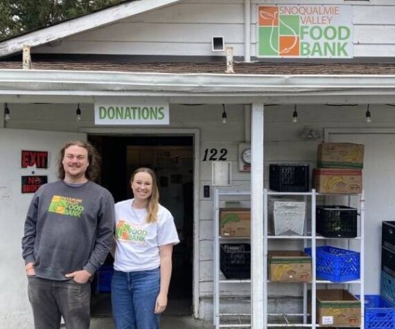 Snoqualmie Valley Food Bank’s Dylan Johnson (left) and Alison Roberts (right). The food bank is located at 122 E. 3rd St., North Bend. (Photo by Mallory Kruml/Valley Record)