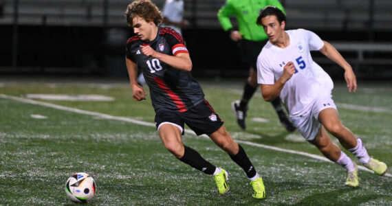 Mount Si’s Zach Ramsey, left, controls the ball in an April 12 match against Bothell. Photos courtesy of Calder Productions