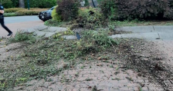 Snoqualmie police responded May 12 to the 4800 block of Southeast Tokul Road where the driver of a Tesla Cybertruck damaged a roundabout by “monstertrucking.” Police found the vehicle with heavy damage and arrested the driver for DUI and hit and run. Photo courtesy of Snoqualmie Police Department