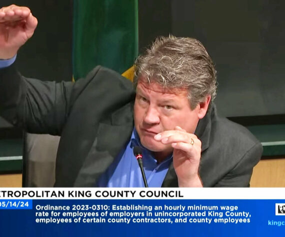 <p>A screenshot of King County Councilmember Reagan Dunn speaking about a proposed amendment for the proposed $20 minimum wage ordinance. (Screenshot)</p>