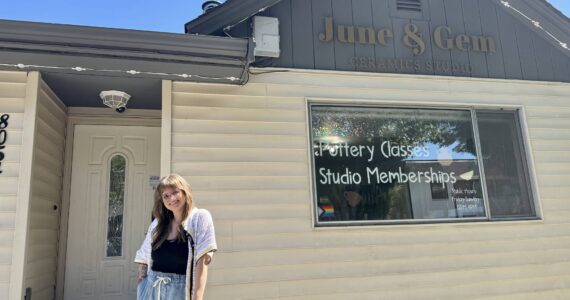 June and Gem owner Ashley Grammer stands for a photo outside the ceramics studio, July 24, 2025. (Grace Gorenflo/Valley Record)