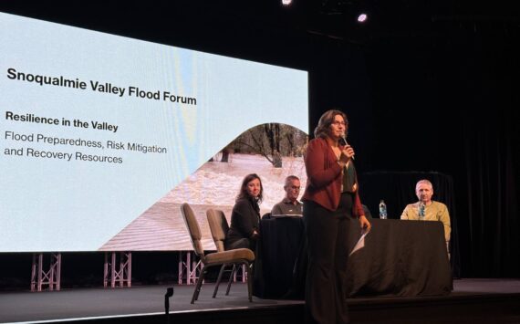 Angela Donaldson introduces the 2025 Snoqualmie Valley Flood Forum, Nov. 19, 2025. Grace Gorenflo/Valley Record