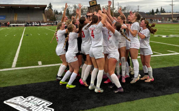 The Mount Si High School girls soccer team celebrates their state title win on Nov. 22. Photos courtesy of Snoqualmie Valley School District