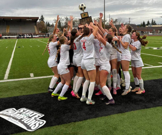 <p>The Mount Si High School girls soccer team celebrates their state title win on Nov. 22. Photos courtesy of Snoqualmie Valley School District</p>