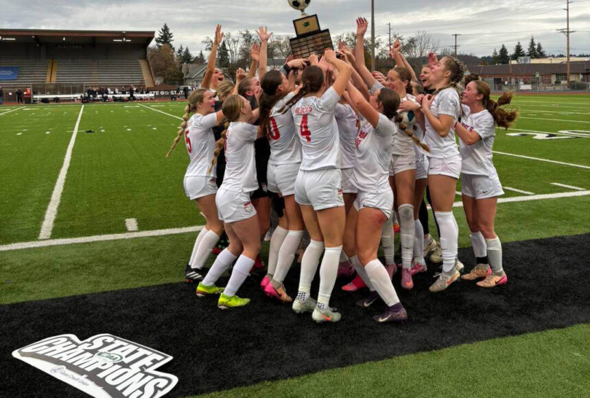 <p>The Mount Si High School girls soccer team celebrates their state title win on Nov. 22. Photos courtesy of Snoqualmie Valley School District</p>