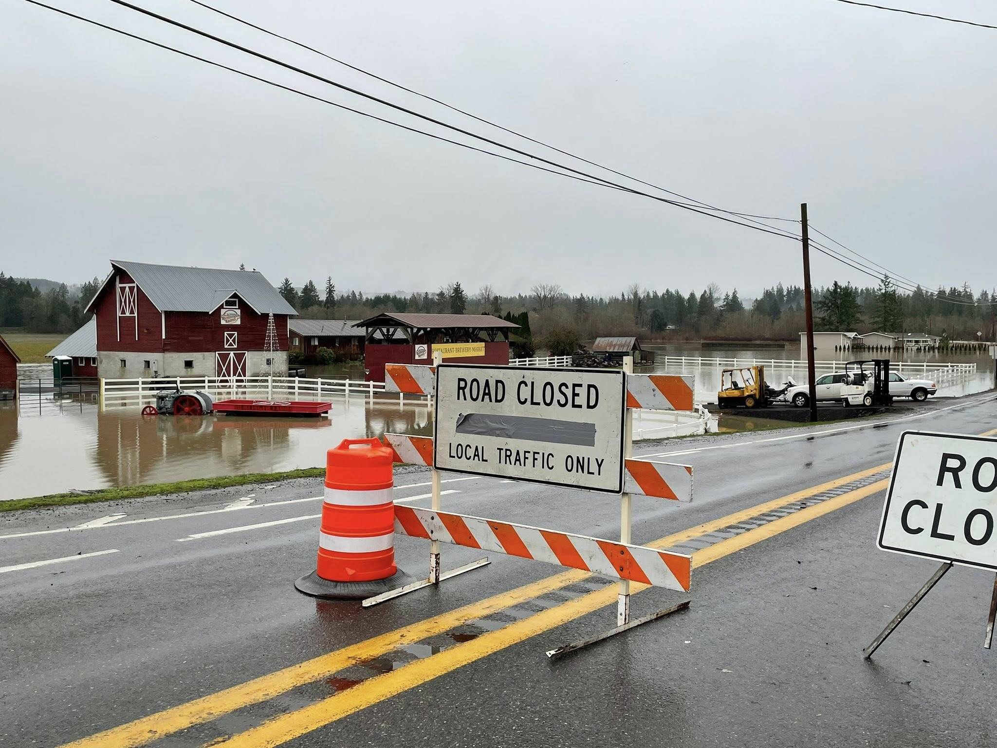 Flood water approaches SR 203 near Remlinger Farms at the south end of Carnation early on Dec. 11, 2025. Photo courtesy of the city of Carnation