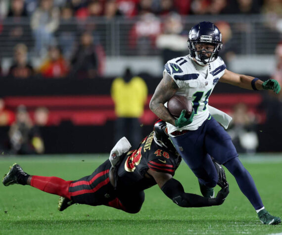 <p>Jaxon Smith-Njigba had at least 72 receiving yards in all but one game this season, including 84 in the finale at San Francisco. Ezra Shaw / Getty Images</p>