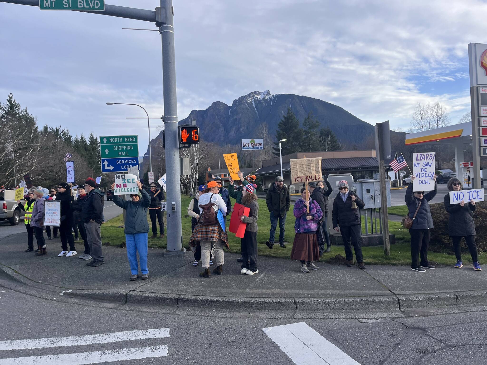 Residents participate in an anti-ICE protest in North Bend, Jan. 10, 2026. Photo courtesy of Snoqualmie Valley Indivisible