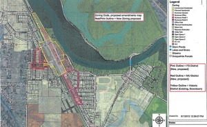 This map of downtown Snoqualmie shows the two areas being changed to Form-Based Mixed-Use zoning in red and pink.