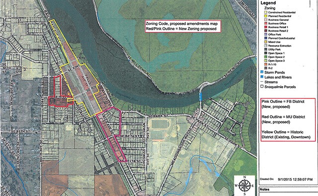 This map of downtown Snoqualmie shows the two areas being changed to Form-Based Mixed-Use zoning in red and pink.