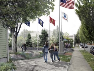 The latest artist's impression of the Snoqualmie Valley Veteran's Memorial shows visitors at the River Street entrance.