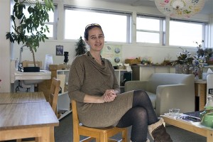 Katy Moon sits in the Mountain Valley Montessori School classroom