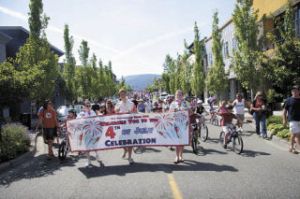 Carrying the event banner