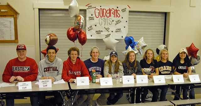 Mount Si student athletes signing contracts to play college sports last week are